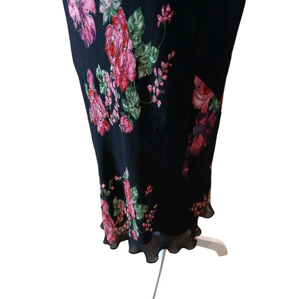 VTg y2k Bias Cut Black Dark Pink Floral Rose Midi Dress Beaded V-Neck sz 8 - Picture 3 of 12